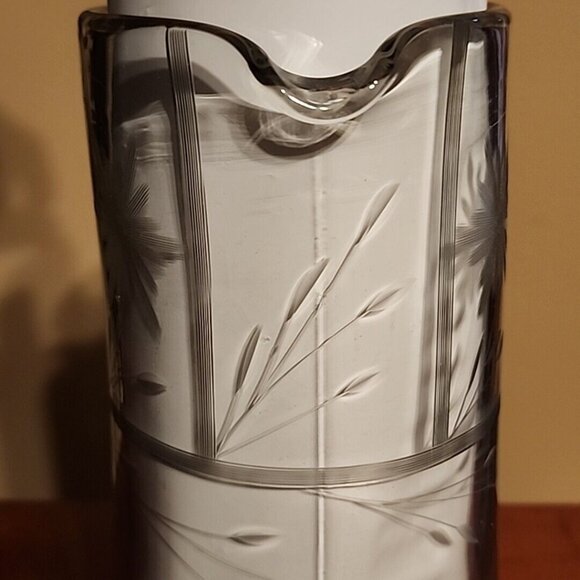 Vintage Glass Clear Pitcher Floral etched Silver Accent Heavy - Picture 4 of 12